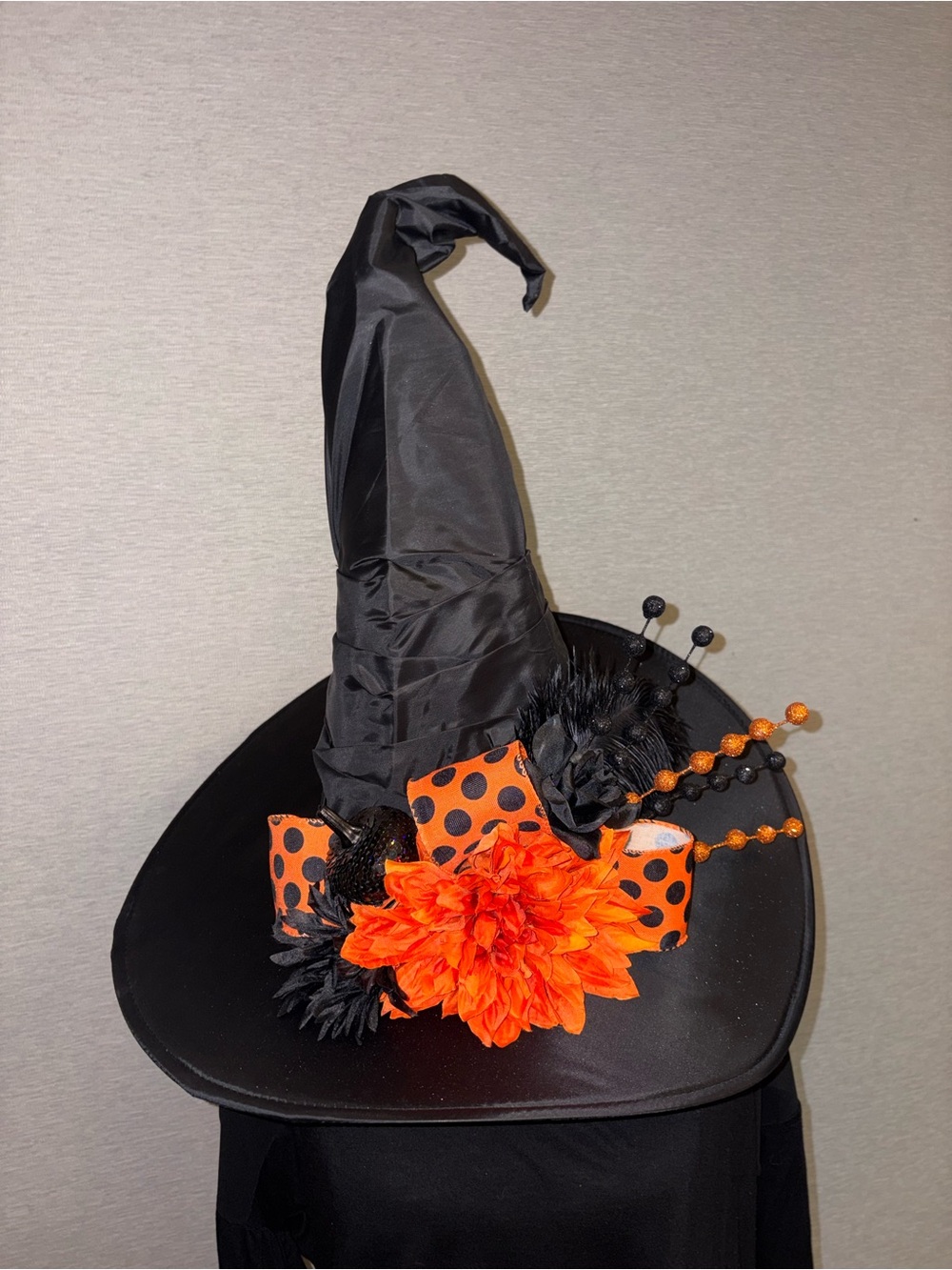 Black Witch Hat with Orange Flower & Polka Dot Bow - Adult Costume